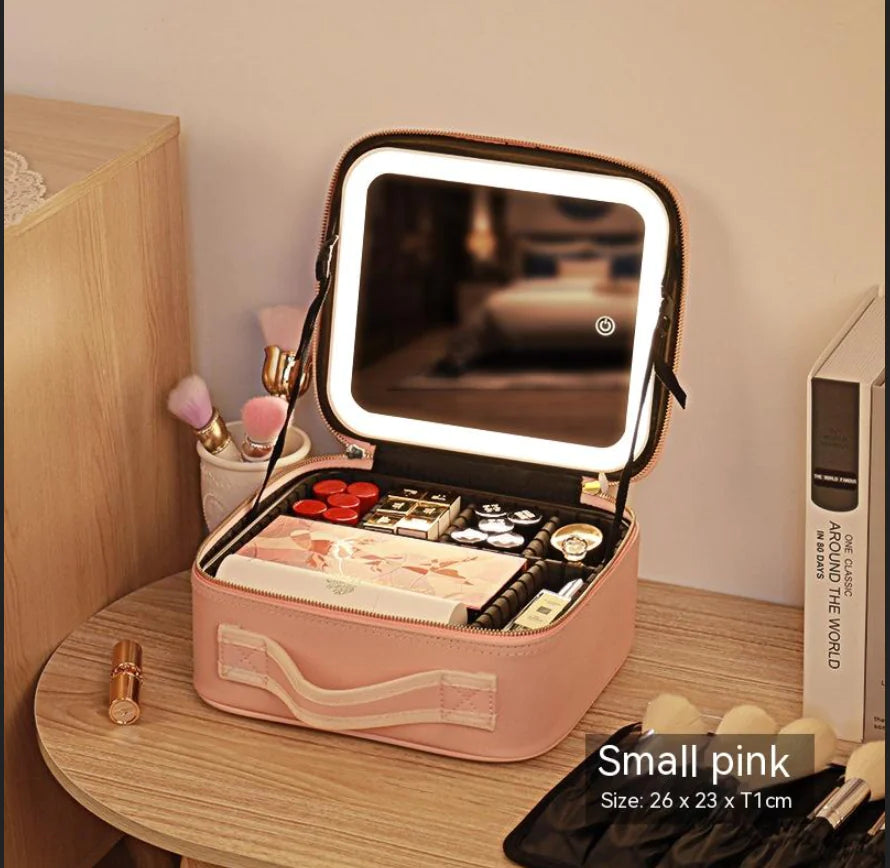 Portable Cosmetic Bag with Mirror & LED Light, Skin Care Storage Box