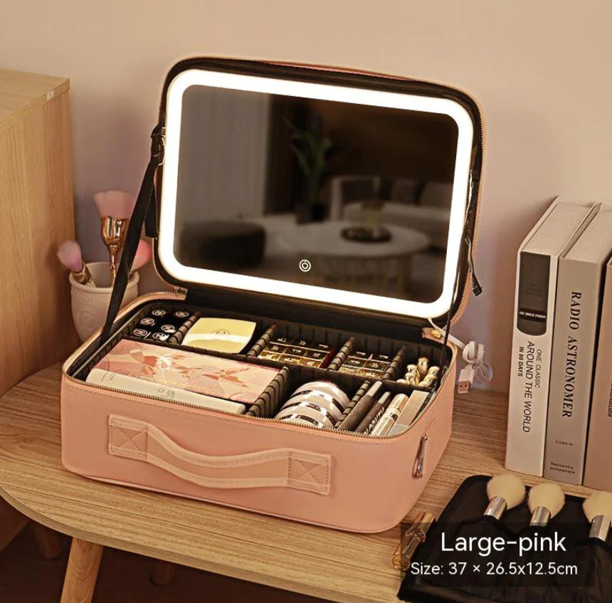 Portable Cosmetic Bag with Mirror & LED Light, Skin Care Storage Box