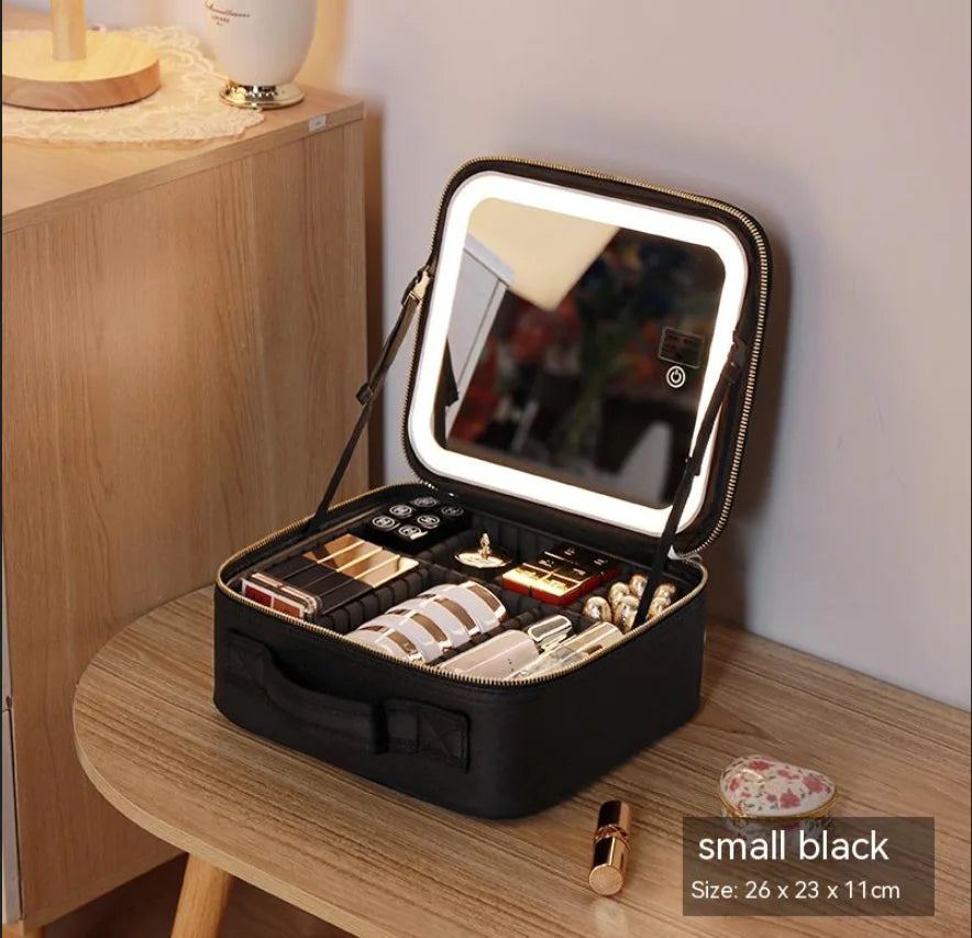 Portable Cosmetic Bag with Mirror & LED Light, Skin Care Storage Box