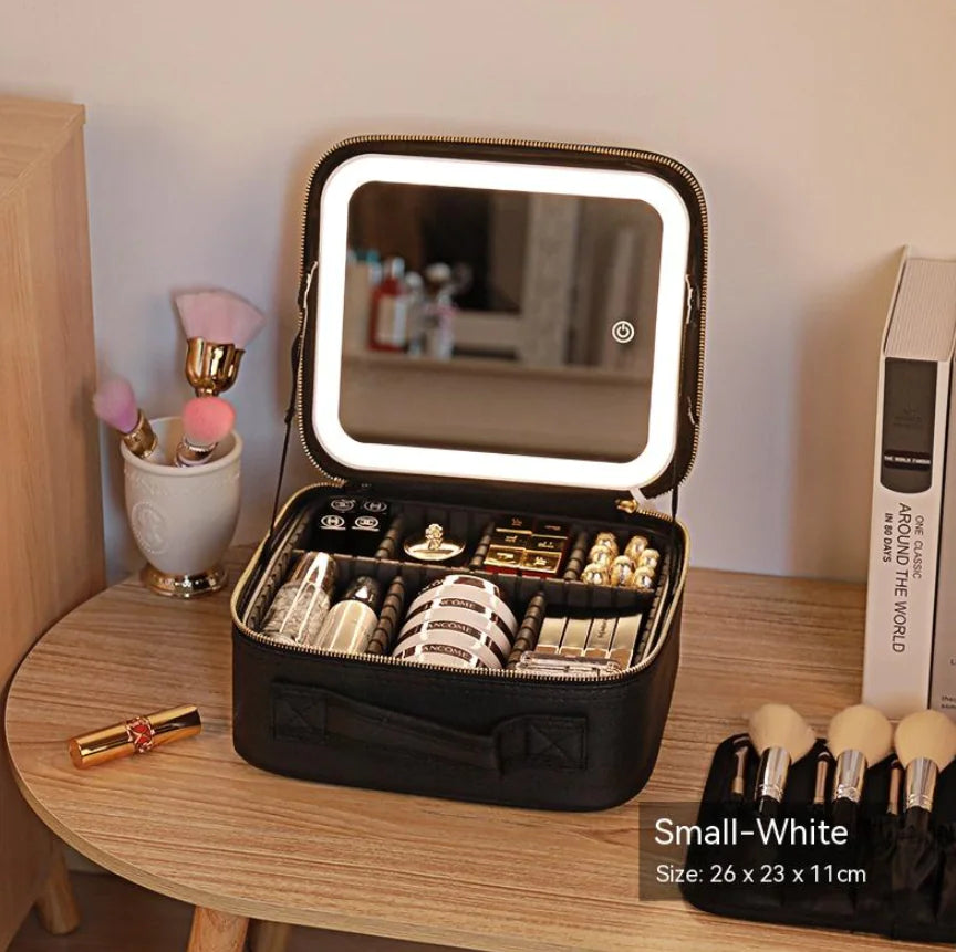 Portable Cosmetic Bag with Mirror & LED Light, Skin Care Storage Box