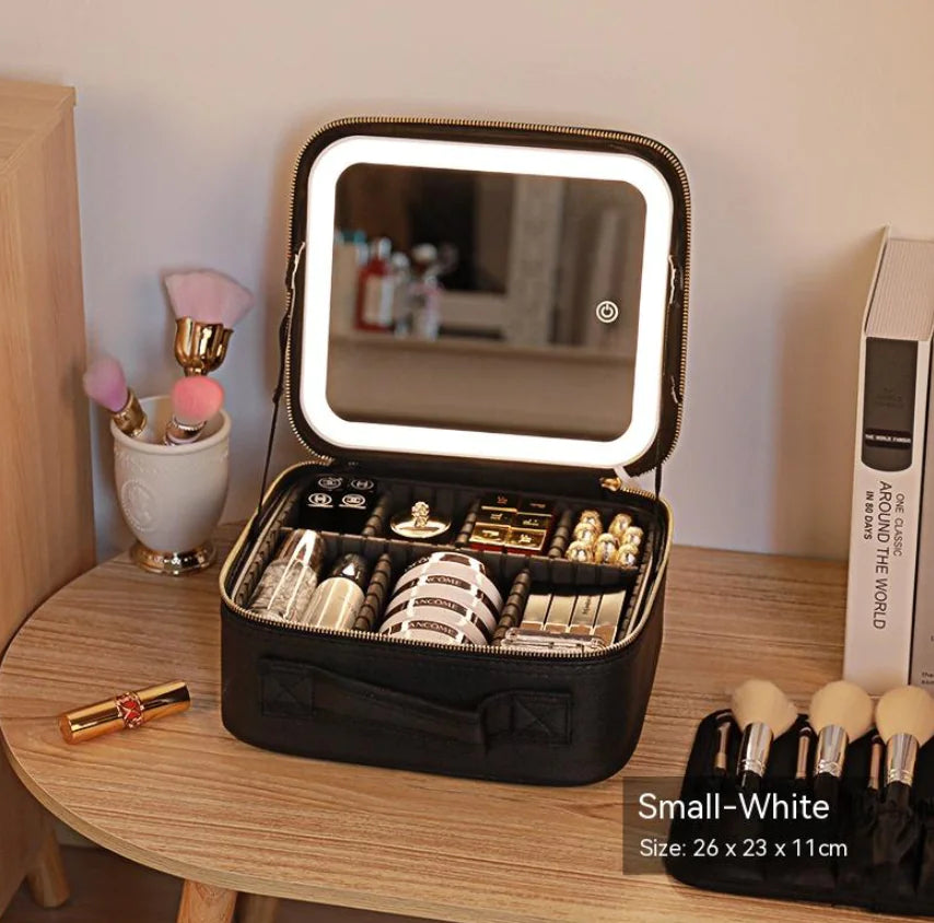 Portable Cosmetic Bag with Mirror & LED Light, Skin Care Storage Box