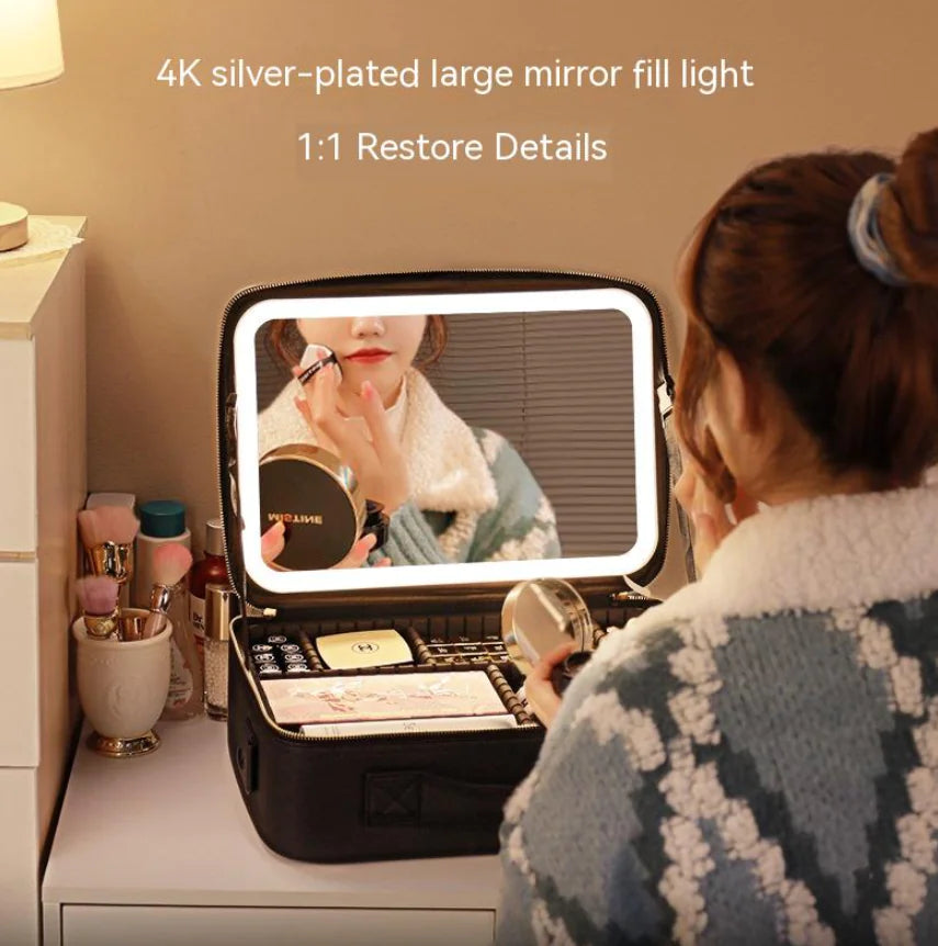 Portable Cosmetic Bag with Mirror & LED Light, Skin Care Storage Box