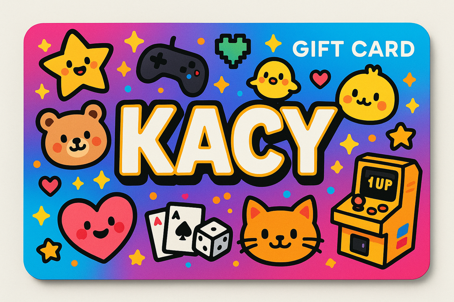 gift card with a logo name kacy with cartoons and games