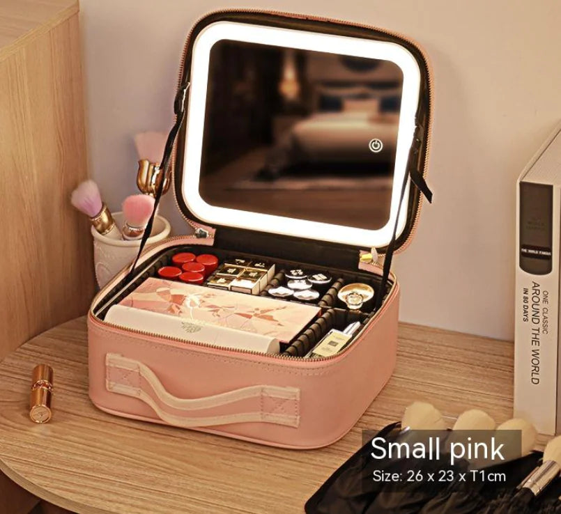 Portable Cosmetic Bag with Mirror & LED Light, Skin Care Storage Box