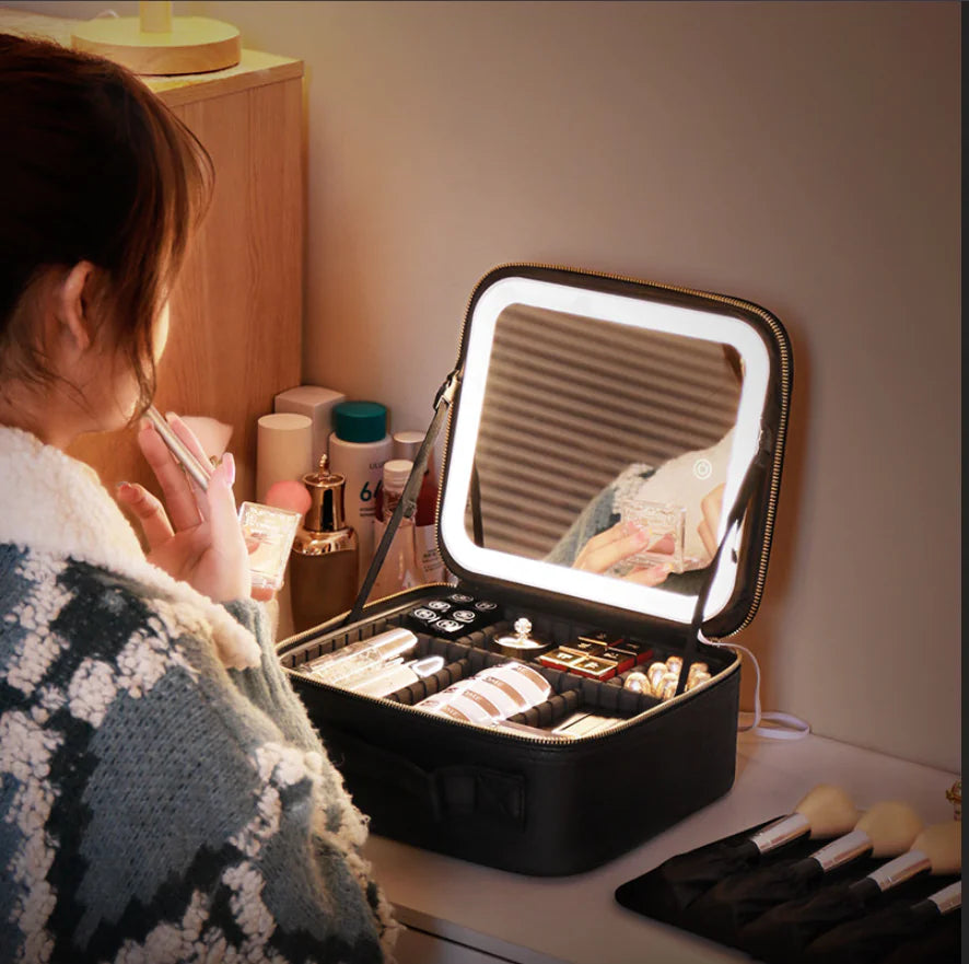 Portable Cosmetic Bag with Mirror & LED Light, Skin Care Storage Box