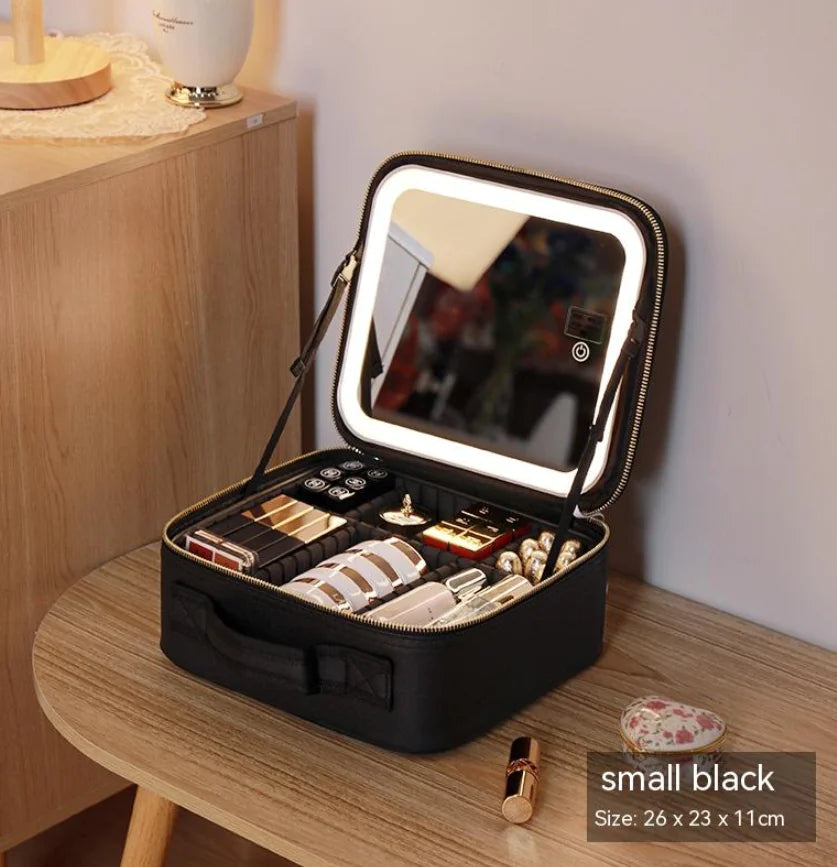 Portable Cosmetic Bag with Mirror & LED Light, Skin Care Storage Box