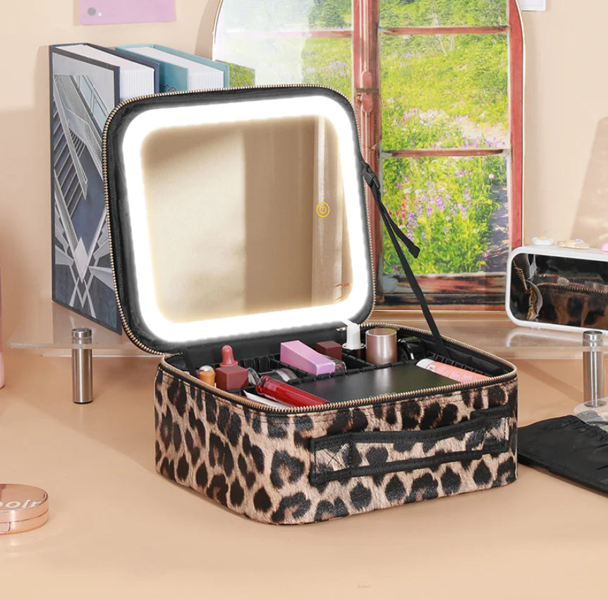 Portable Cosmetic Bag with Mirror & LED Light, Skin Care Storage Box