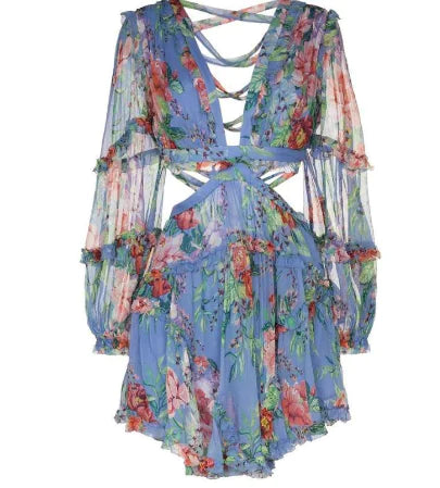 Sexy Backless Women's Beach Dress with Mini Print Design