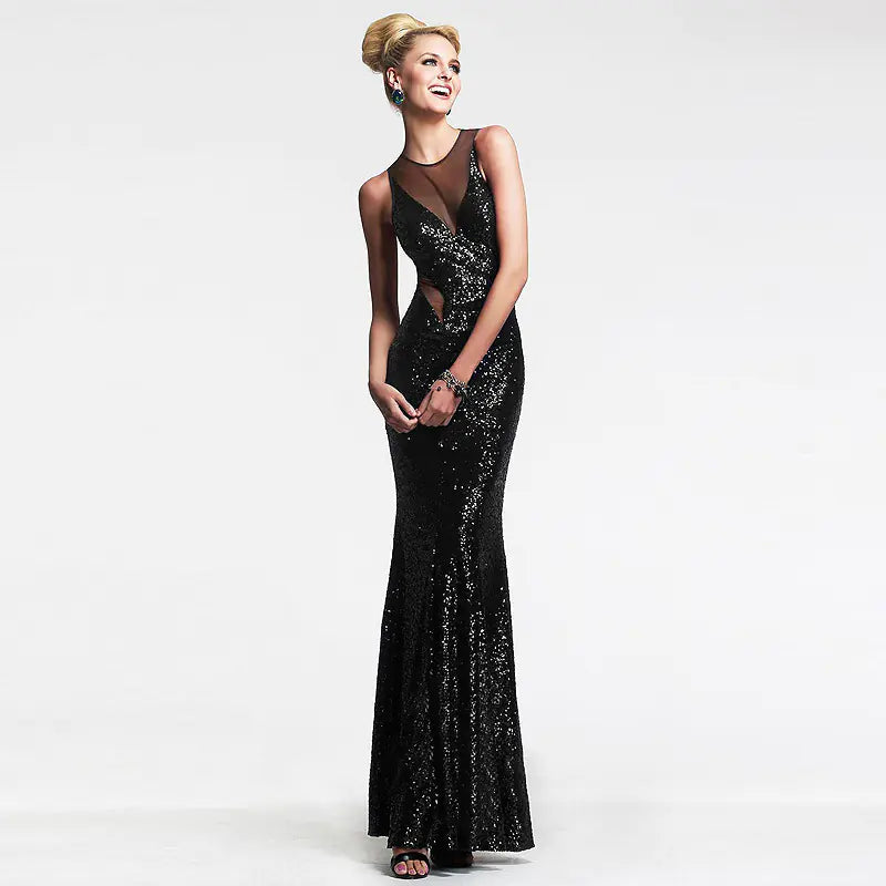 New Sexy Sequin Mesh Backless Evening Gown 9895