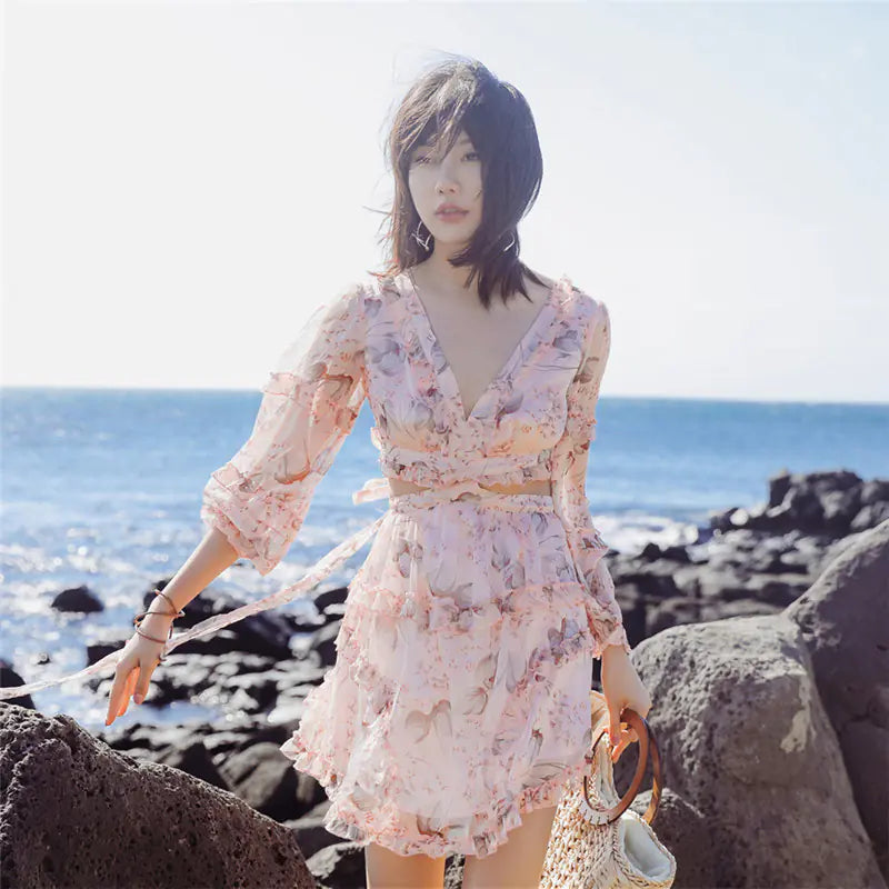Sexy Backless Women's Beach Dress with Mini Print Design