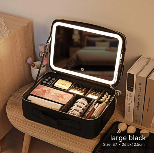 Portable Cosmetic Bag with Mirror & LED Light, Skin Care Storage Box