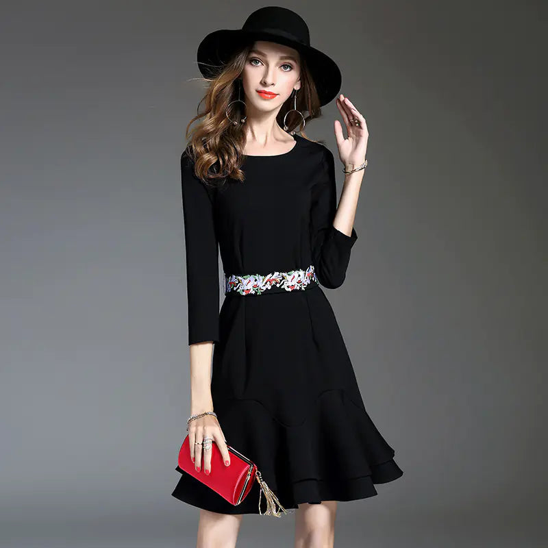Embroidered Bow Tie Waist Dress with Ruffle Sleeves