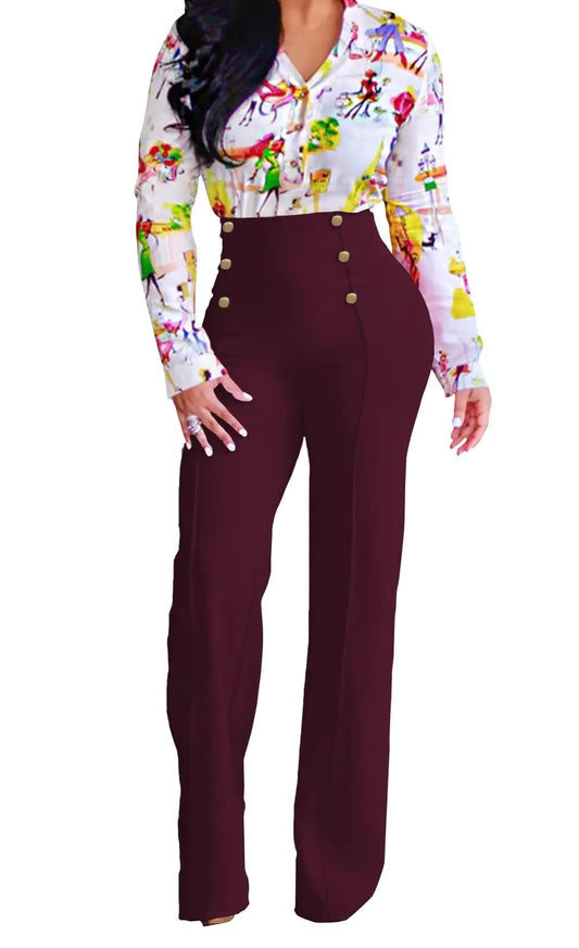 A ADILACA Burgundy Solid Flare Leg Pants Womens Pants for Work Business Casual Flare Dress Pants for Women Bell Flare Pants for Women Button Flare Pants (Wine Red L)