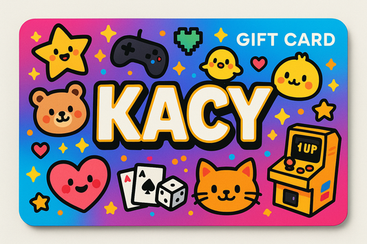 gift card with a logo name kacy with cartoons and games