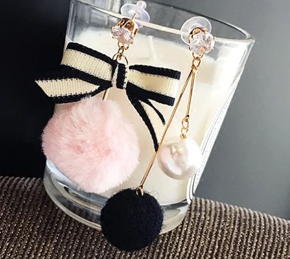 Asymmetrical Earrings with Mink Fur Ball and Tassels