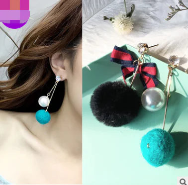 Asymmetrical Earrings with Mink Fur Ball and Tassels