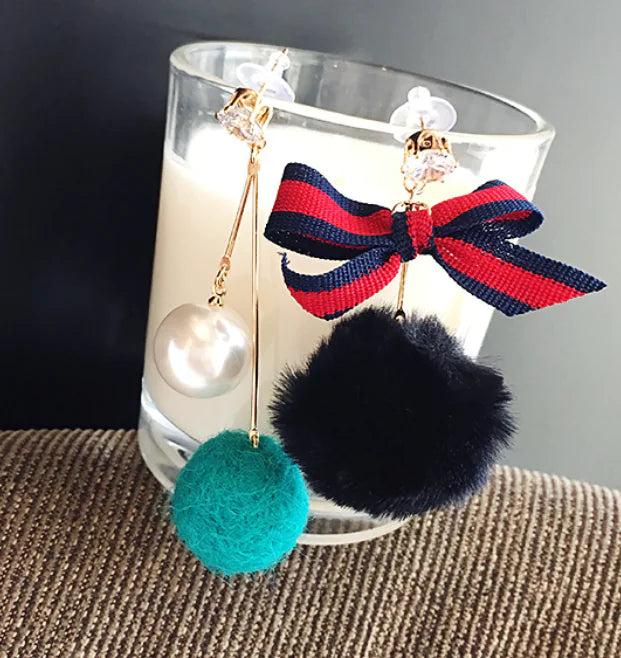 Asymmetrical Earrings with Mink Fur Ball and Tassels