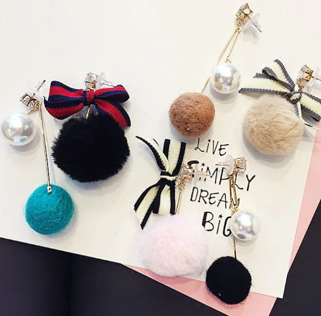 Asymmetrical Earrings with Mink Fur Ball and Tassels