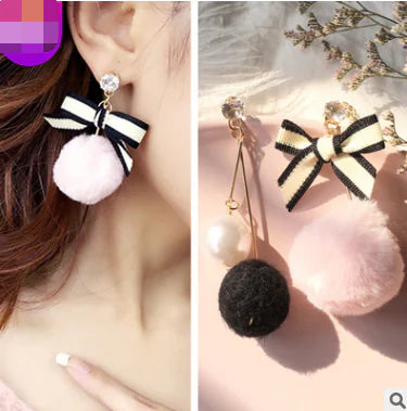 Asymmetrical Earrings with Mink Fur Ball and Tassels